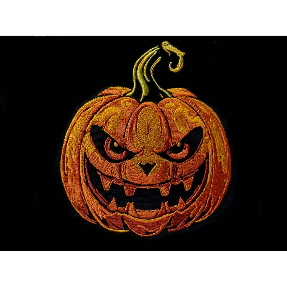 Kürbis lachend Lichteffekt Stickdatei 18x18cm bzw. 20x20cm – Perfekt für Halloween auf schwarzen Stoffen Bild 1