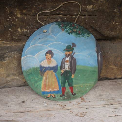handgemaltes Holzbild / Paar in Tracht / bayrische Volkskunst Vintage