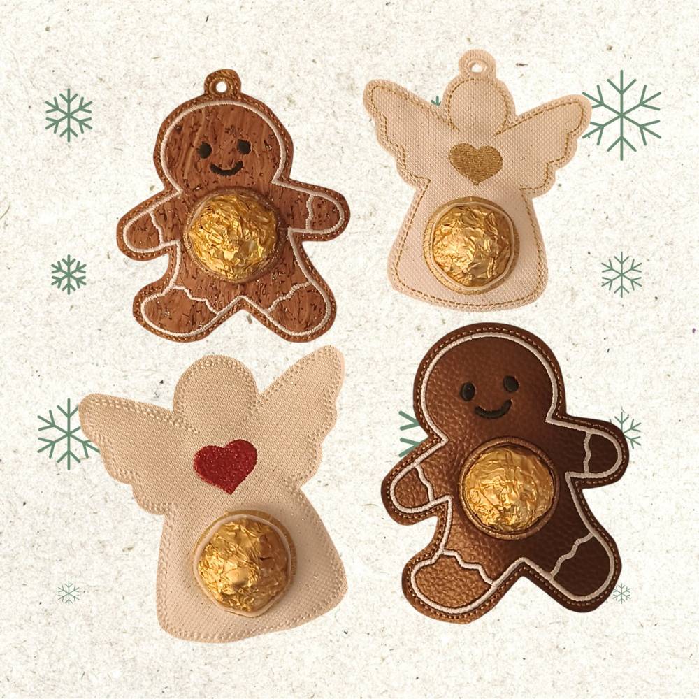 Stickdatei Weihnachten Engel & Lebkuchenmann Set 10x10 – Schoko Nase, Geschenkanhänger & Anleitung Bild 1