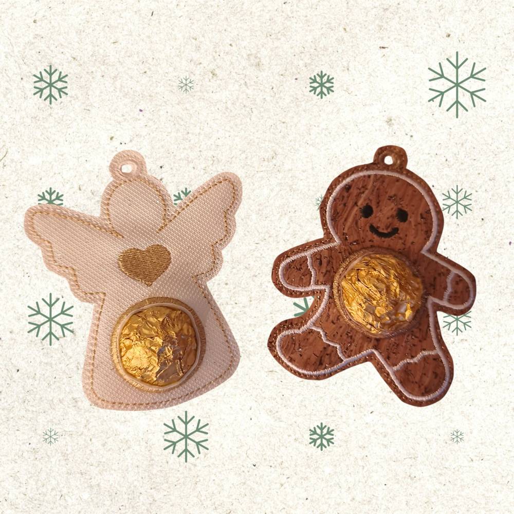 Stickdatei Weihnachten Engel & Lebkuchenmann Set 10x10 – Schoko Nase, Geschenkanhänger & Anleitung Bild 2
