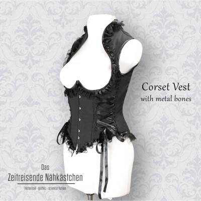 Gothic Korsett mit Stehkragen, Westenkorsett – Herz-Ausschnitt, Stahlstäbchen, Spitzenborten, Steampunk, schwarz