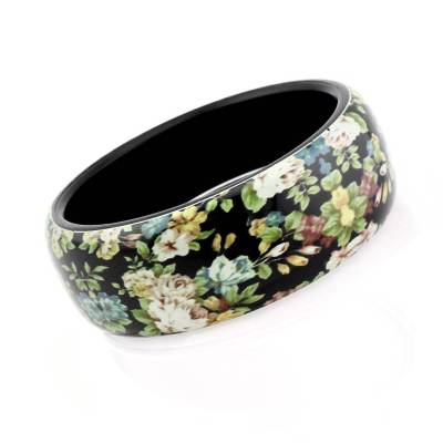 Breiter Vintage Armreifen aus Kunststoff Schwarz mit Blumendekor - Vintage Acryl Armschmuck 80er Jahre