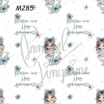 M285 PummelPinguine Exclusive Stoffe „Kinderstoff Mitten ins Herz gehoppel Mädchen mit Hase & Blumen"