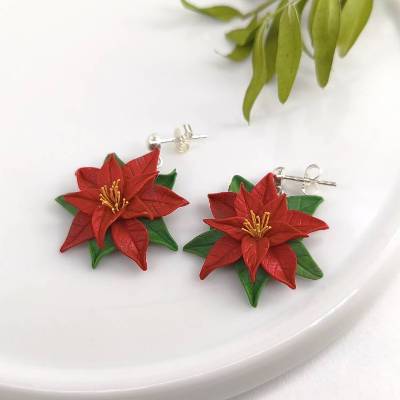 Poinsettia Ohrstecker aus Polymer Clay, Größe Ohrringe mit Sterlingsilber Ohrstecker,rot und grün, Weihnachtsgeschenk