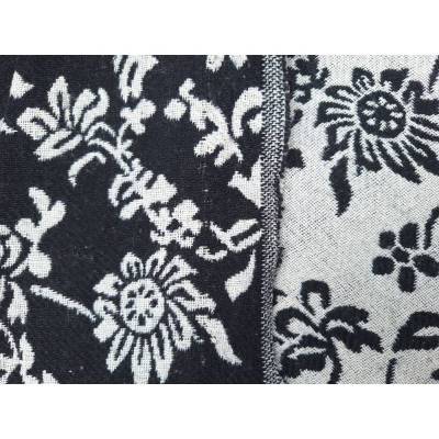 Wollstoff, Mantelstoff, Blüten, Blätter, Tweed, Retro, Jaquard, Breite 1,50 m, Meterware, schwarz, weiß, 50% Wol