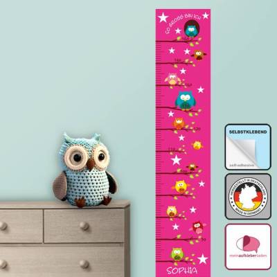 Messlatte mit bunten Eulen – personalisierbar, als Poster oder selbstklebend