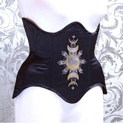 Unterbrustkorsett Celestial Gothic – Art-Déco Stickerei, Mondphasen-Motiv, handgefertigt, viktorianisch, edwardianisch