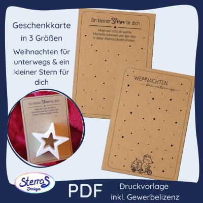 Druckvorlage Geschenkkarten Weihnachten Set PDF - "ein kleiner Stern für dich" & "Weihnachten für unterwegs"