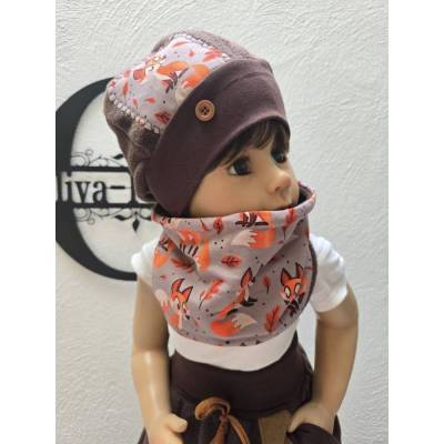 Kinder-Winterset Polarfleece KU 48-52 cm – Handgemachte Mütze & Loop mit Fuchs, warm & einzigartig