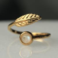 Damen Ring Mondstein gold Blätter Fingerring Geschenk Frauen Freundin