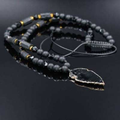 Herren Halskette aus Edelsteinen Obsidian Turmalin Onyx Achat Hämatit, Handgemachter Schmuck, Länge 61 cm