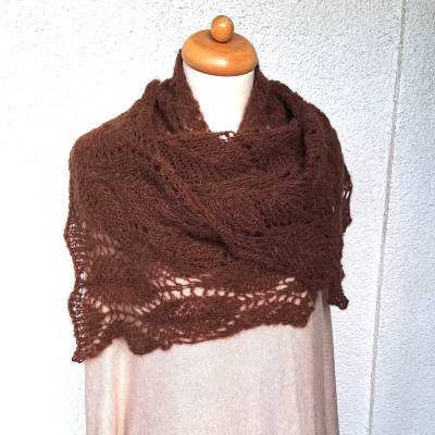 Handgestrickter Laceschal aus Alpaka & Seide in Schokobraun – Edler Strickschal mit Ajourmuster, 170x34 cm