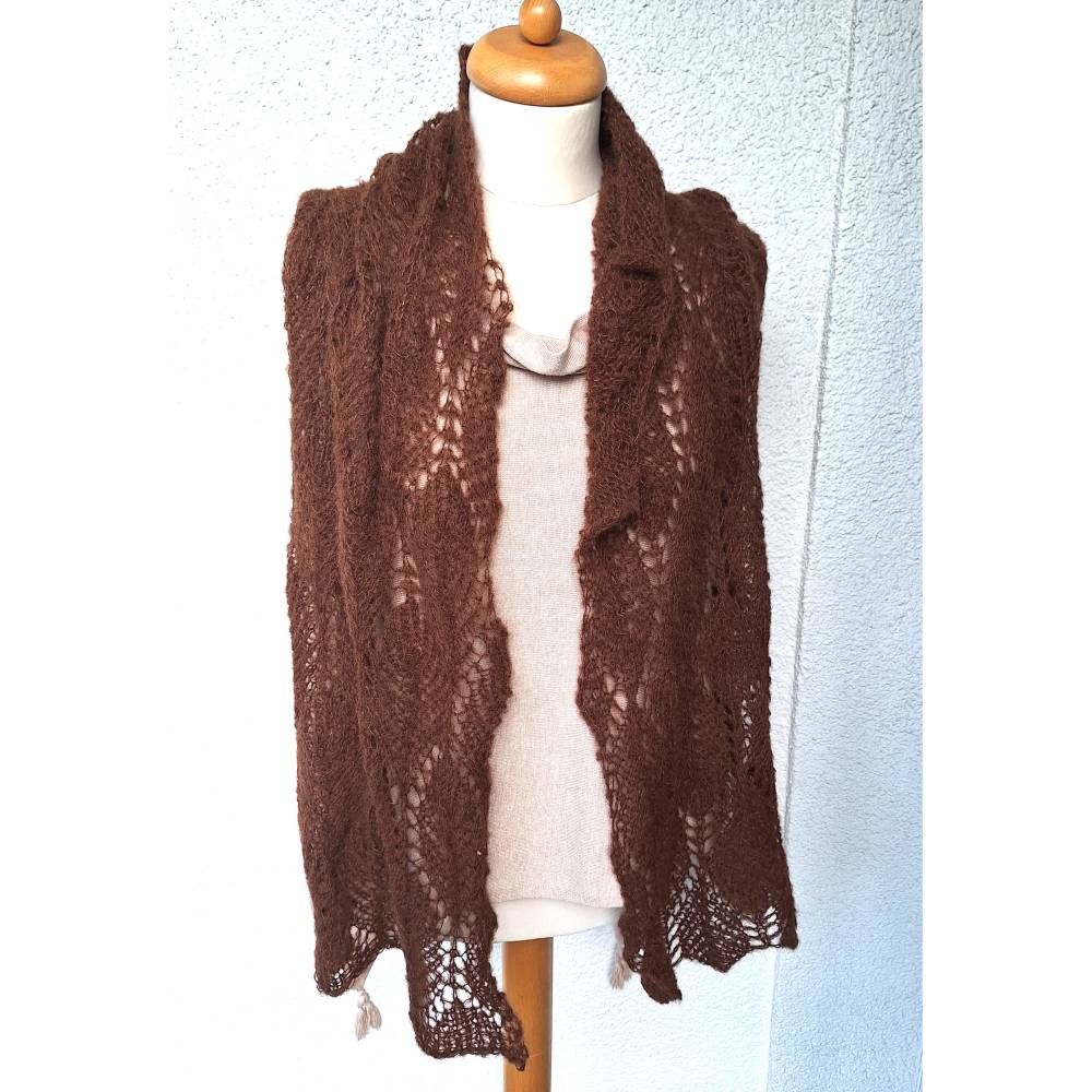 Handgestrickter Laceschal aus Alpaka & Seide in Schokobraun – Edler Strickschal mit Ajourmuster, 170x34 cm Bild 6