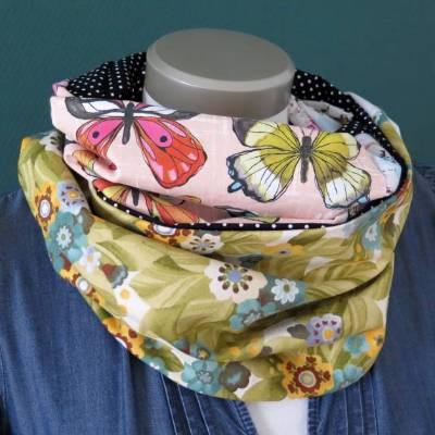 Loop Schal Damen Einzelstück Baumwolle Patchwork bunt Schmetterlinge Blumen Punkte
