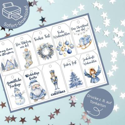 Blue Christmas niedliche Geschenkanhänger zum Ausdrucken