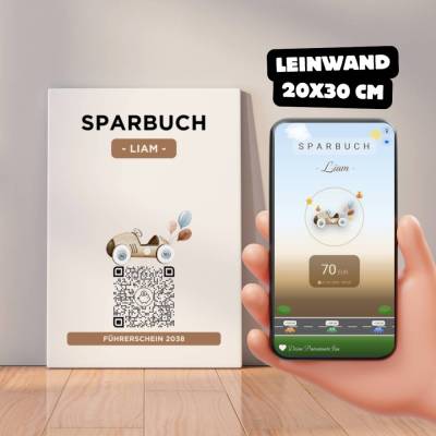 Digitales Sparbuch | Personalisiertes Geldgeschenk | QrCode Bild auf Leinwand 20x30cm | Motiv Auto
