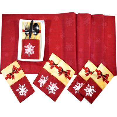Bestecktaschen 6 Stück & Tischläufer Schneeflocken Schleife – Tischset Weihnachten Deko