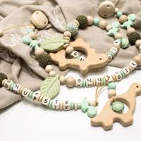Kinderwagenkette Wagenkette einzeln oder als Spar Set natur Holz Dino Dinosaurier Greifling Schnullerkette