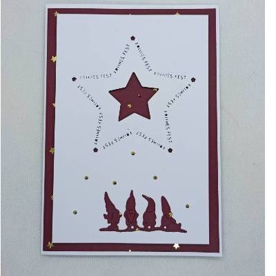 Weihnachtskarte,  DIN A6, Stern-Ausstanzung, Bordeaux, Wichtel