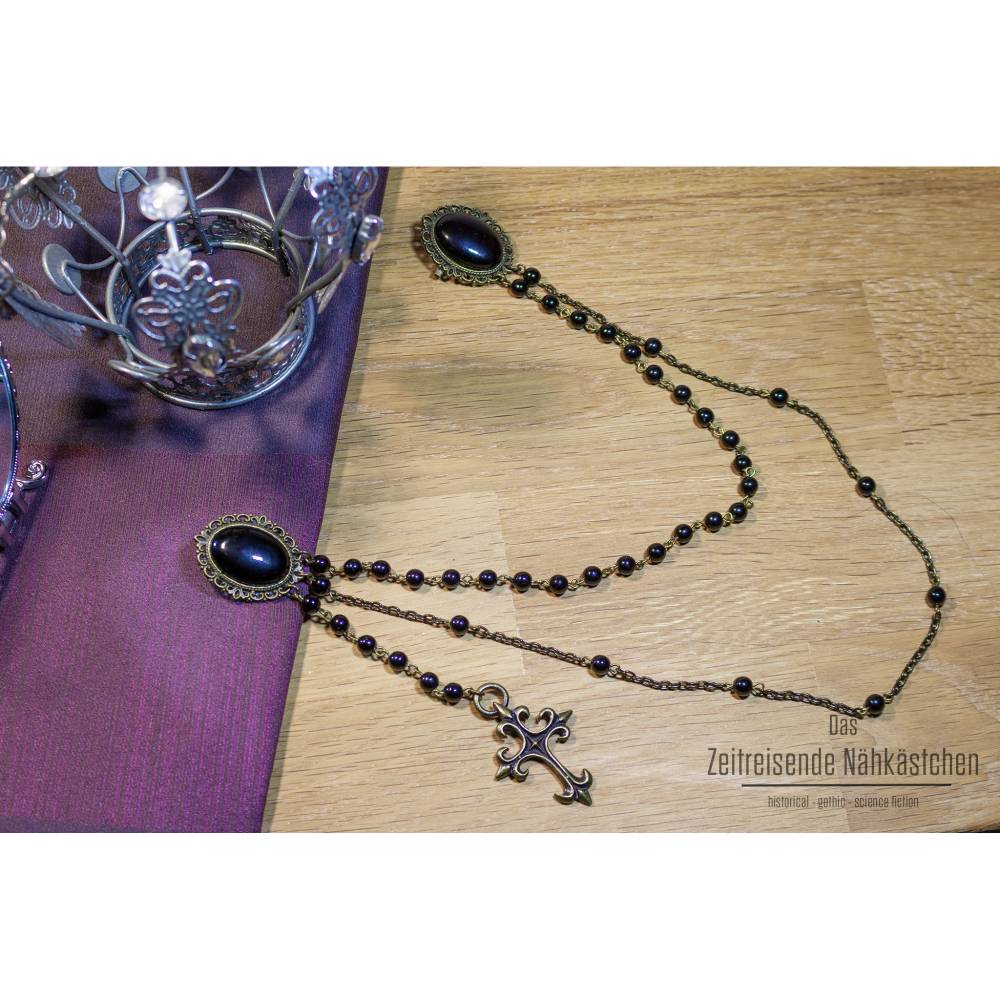 Elizabethanischer Gewandschmuck – Tudor Schmuckset mit schwarzem Onyx & Perlenketten für Renaissance, Bild 2