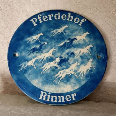 Personalisiertes Haus Türschild in Keramik / Oval / Rund / Blau-Weiß
