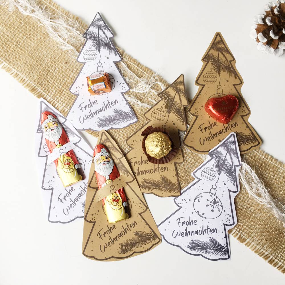 Gastgeschenk Tischdeko Weihnachten, Druckvorlage Christbaum Weihnachtsgruß Mitbringsel, Karten für Tisch, Bastelvorlage