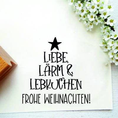 Stempeltext: "Liebe, Lärm & Lebkuchen. Frohe Weihnachten!"