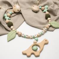 Kinderwagenkette DINO Silikon Holz mit Namen Name Wagenkette Mädchen Junge Dinosaurier