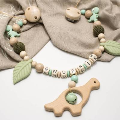 Kinderwagenkette DINO Silikon Holz mit Namen Name Wagenkette Mädchen Junge Dinosaurier