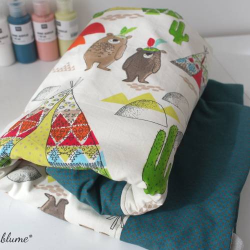 Babydecke BÄREN BLAU Kuscheldecke Baumwolle Fleece Neutral Junge Mädchen Bären Tipi Zelt Grau Blau Ungefüttert 70 x 95 c
