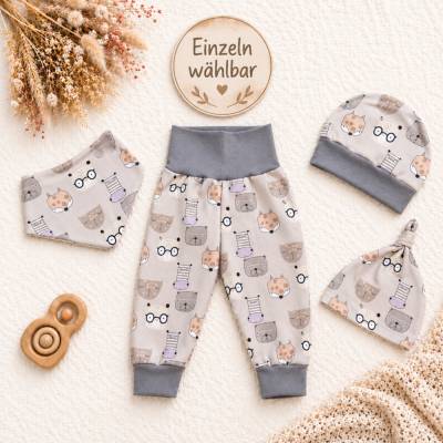 Unisex Pumphose, Dreieckstuch und Beanie für Baby und Kleinkind - Gr. 50–104 -Beige Grau Fuchs Zebra Bär Tierprint – Ein
