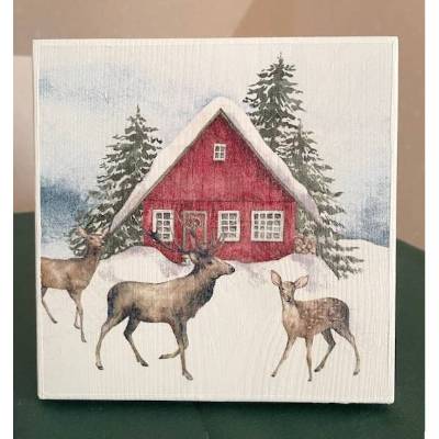 Holzbild, Rehe vor rotem Haus, zum Aufhängen oder Aufstellen, Weihnachten
