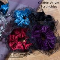 Großes Gothic-Scrunchie aus Pannesamt mit Spitze – schwarz, violett, petrol und bordeaux, Weihnachten
