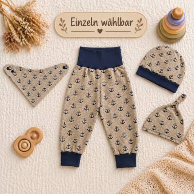 Unisex Pumphose, Dreieckstuch, Knotenmütze, Beanie für Baby und Kleinkind - Gr. 50–104 - Beige - Blau Anker Maritim 
