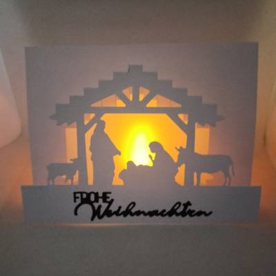 Krippen-Karte, beleuchtete Krippe, Weihnachtskarte als Krippe