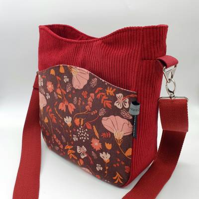 Umhängetasche/Schultertasche Cord weinrot mit Blüten