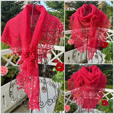 Lacetuch *LADY* gestricktes Schultertuch in ROT  inkl. Blütenbrosche