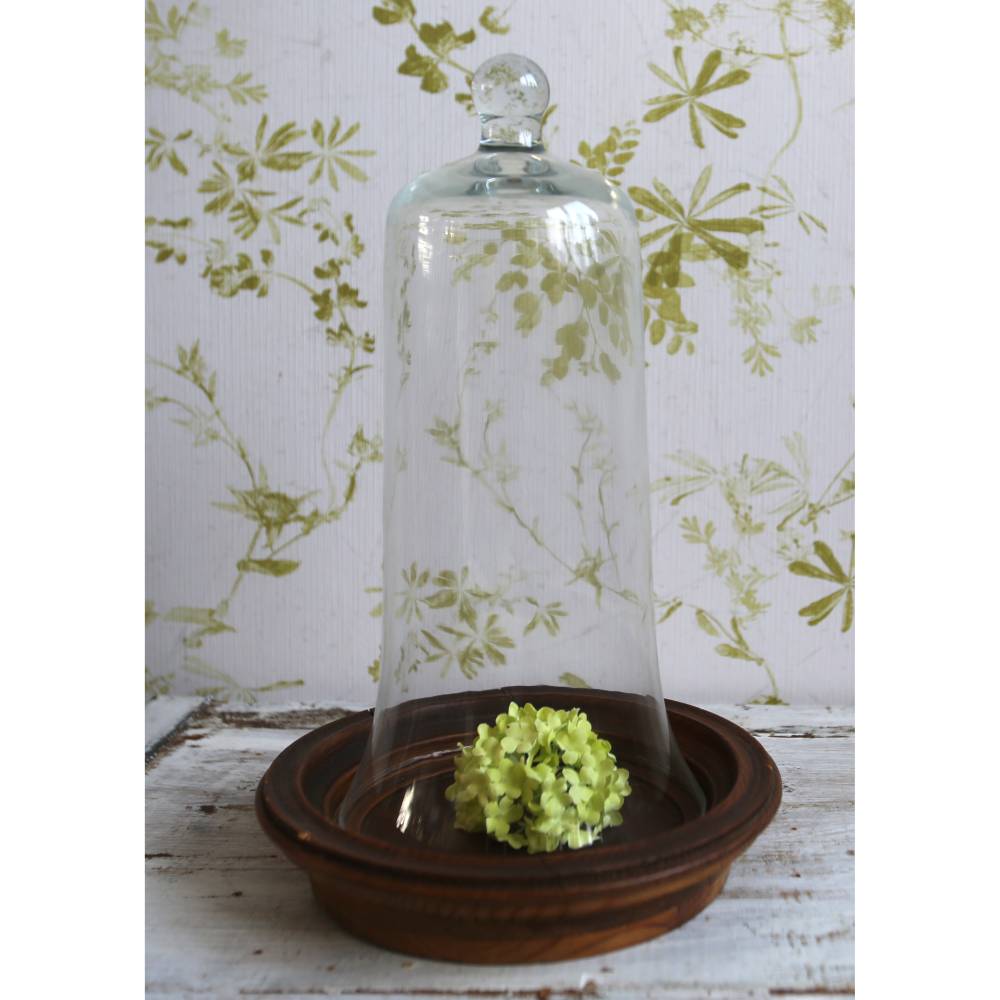 Vintage Glashaube mit Knauf und Unterteller aus Holz
