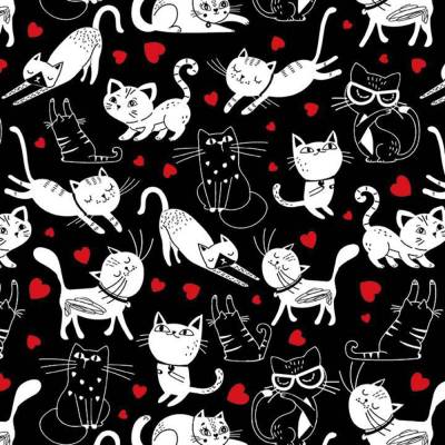 Schwarzer Baumwollstoff mit weißen Katzen & roten Herzen – Meterware für Patchwork, Quilten & Nähen