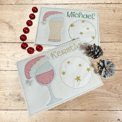 Stickdatei Mug Rug Weinglas & Bierglas mit Mütze – Weihnachten Set 25112