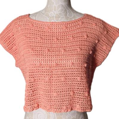 Handgehäkeltes Mesh-T-Shirt Damen Größe M mit Noppenmaschen – Powder