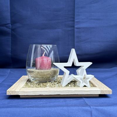 Deko-Tablett mit Kerzenglas & Sternen – elegante Weihnachts- und Winterdeko mit Goldakzenten
