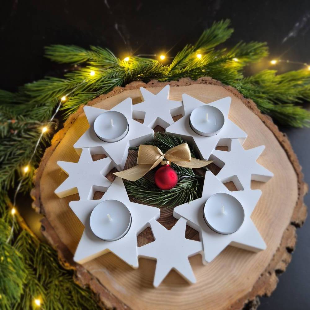 Adventskranz mit Sternen für 4 Teelichter - aus Gießbeton -weiß oder hellgrau mit Glitzer