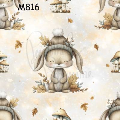 M816 PummelPinguine Exclusive „Kinderstoff Herbsthase – Kuscheliger Waldfreund mit Mütze & Blättern"