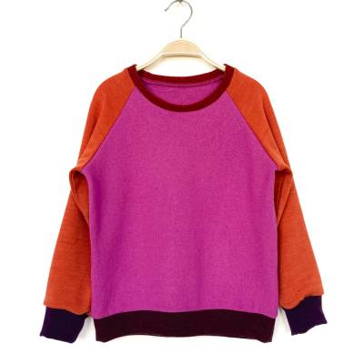 Wollpullover Größe 128 pink orange / Upcycling Colorblockpullover 100% Merinowolle