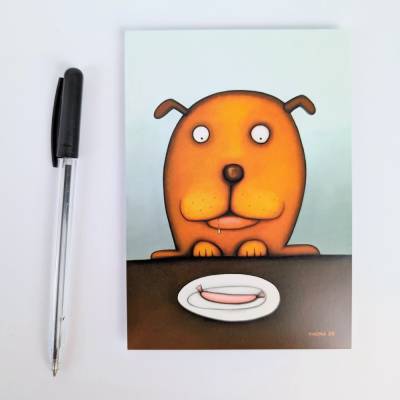süße Postkarte mit Hund und Wurst - kindergerechte Postkarte  - DinA6 Postkarte, Hochformat
