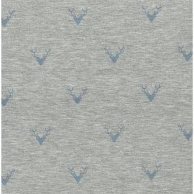 Baumwolljersey Hirschkopf hellgrau- blau (1m/12,-€)