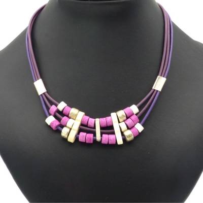 Keramikschmuck, Keramikkette, lila weiß silber, Kette, Collier, feine Halskette mit Keramikperlen, Schmuck, Perlen