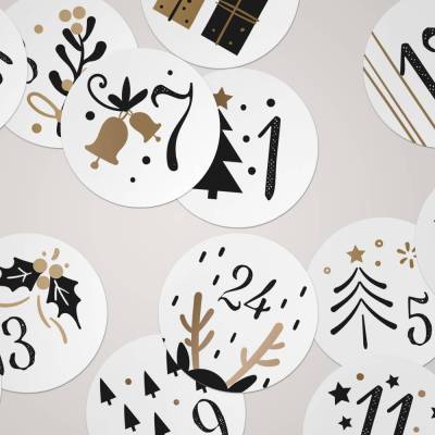 Adventskalender Zahlenaufkleber *Christmas Gold* / 24 runde Aufkleber / ∅ 40 mm