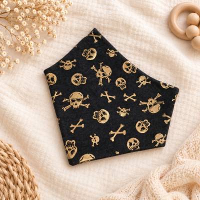 Baby Dreieckstuch Totenkopf Pirat – wendbar, Jersey, Anthrazit Schwarz Gold, verstellbar
